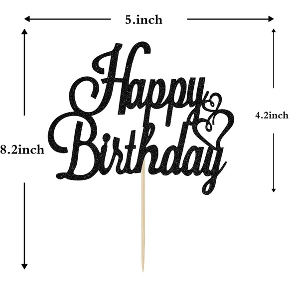 Black Glitter Happy Birthday Cake Topper, Birthday Party Decorations - Picture 2 of 5